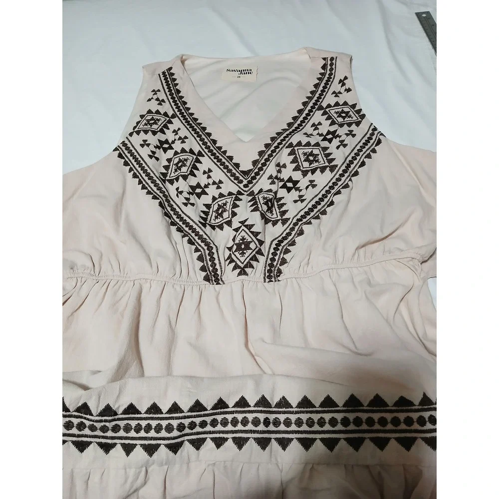 Savanna Jane Embroidered Tiered Midi Dress Beige Black Boho Western Womens 2X - Picture 11 of 11